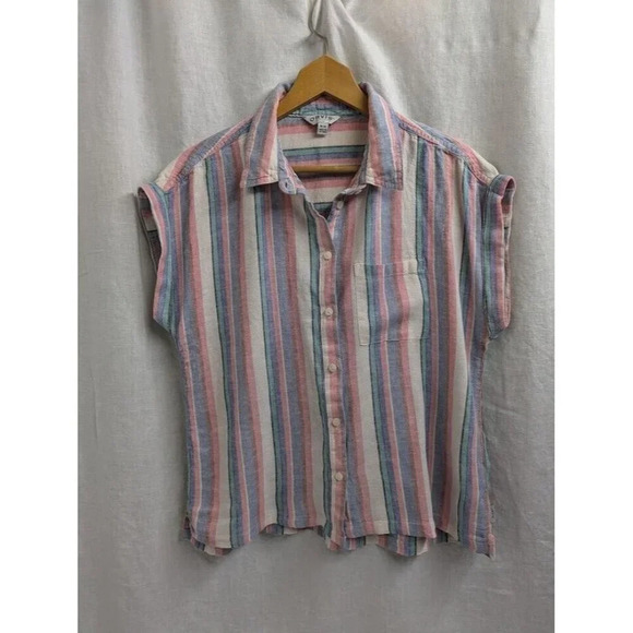 Orvis Tops - Orvis striped linen, cap sleeve button down, white pink blue green, women's M A5